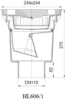 Чертаж трапа  HL606/1 с вертикальным выпуском DN110