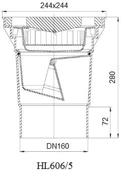 Чертаж трапа  HL606/5 с вертикальным выпуском DN160