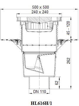Чертеж и размеры трапа HL616H/1 с вертикальным выпуском DN110