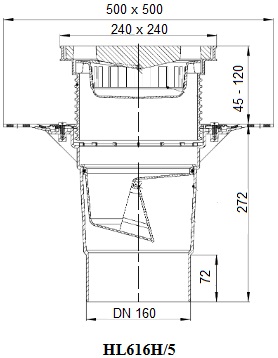 Чертеж и размеры трапа HL616H/5 с вертикальным выпуском DN160