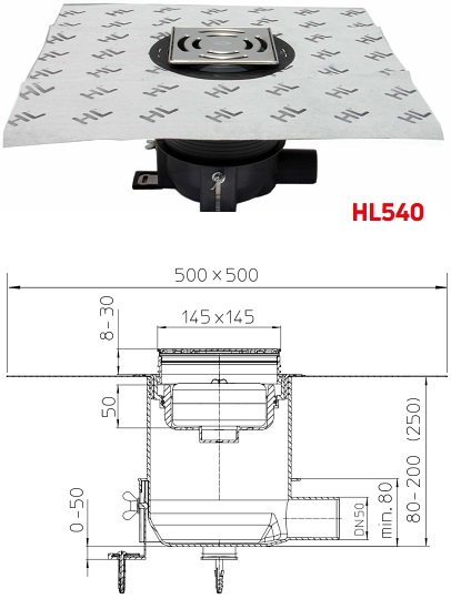 Душевой трап HL540 с высотой монтажа 80 мм, с сухим затвором “Primus Drain”, с гидроизоляционным комплектом для жидкой гидроизоляции. Чертеж с размерами.