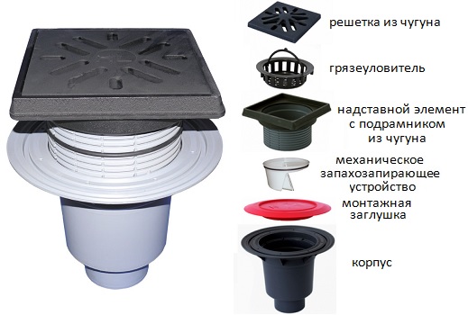 Дворовой трап HL616.1 с вертикальным выпуском DN 110 или DN 160. С чугунными решеткой и подрамником.